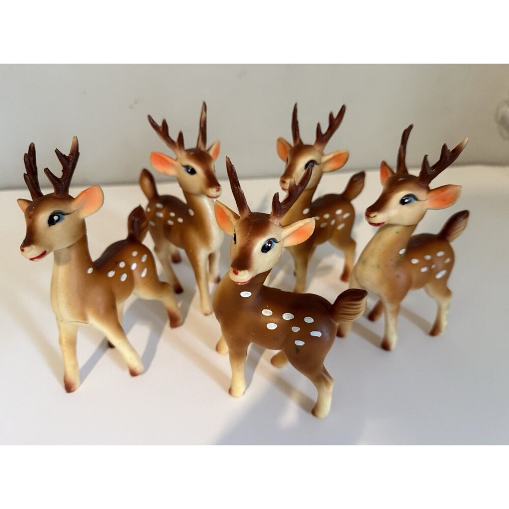 VTG Christmas Rubber Reindeer Moveable Head 50s-60s Set Of 5